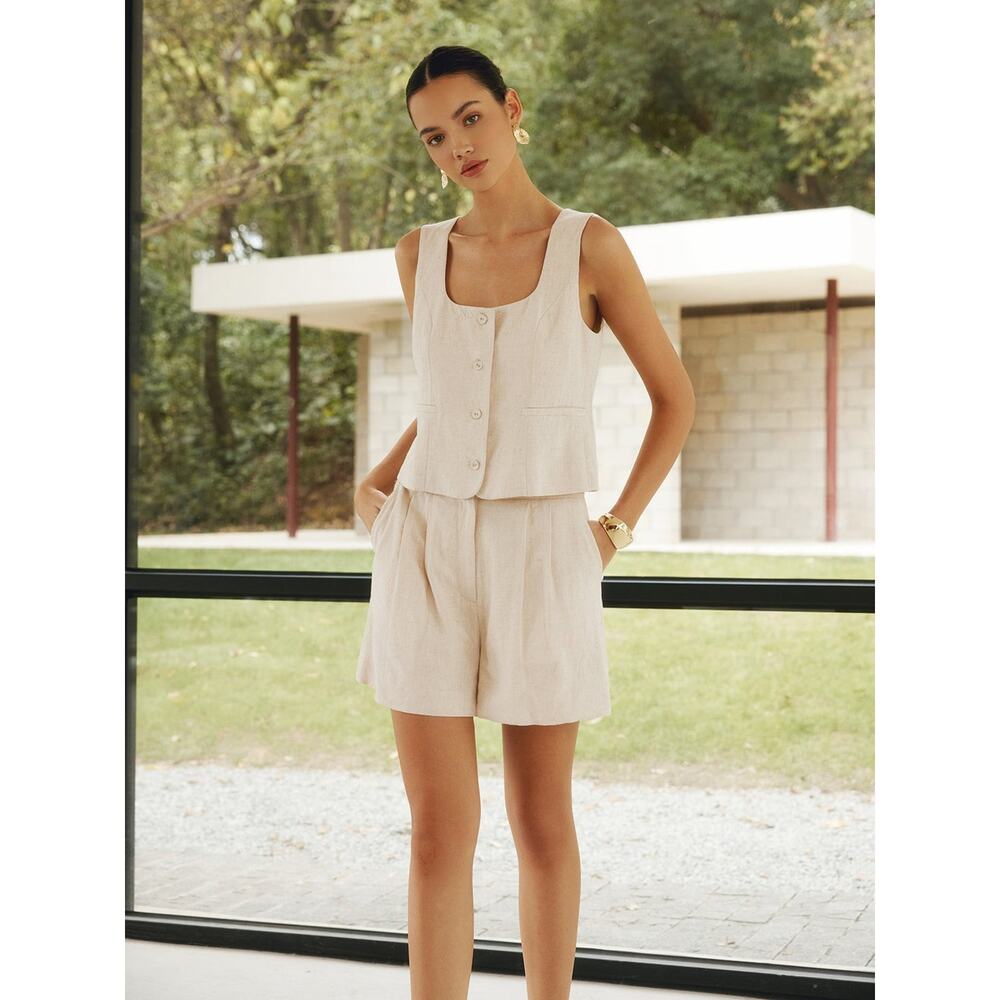 Commense Linen Blends Simple Shorts Set - Xs - Khaki
